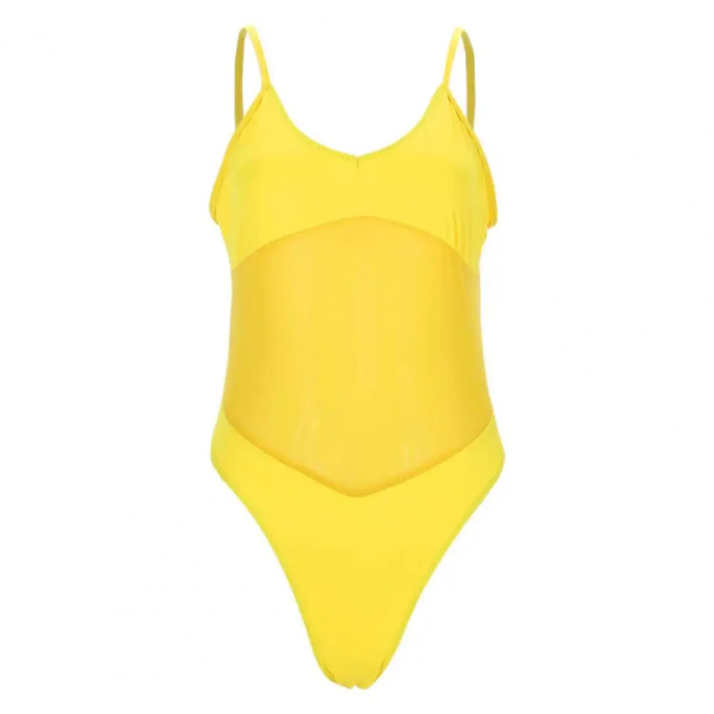 Sexy Women Swimsuit Solid Color Seamless Monokini Sling V-Neck Sleeveless Mesh Splicing One-piece Swimsuit Beach