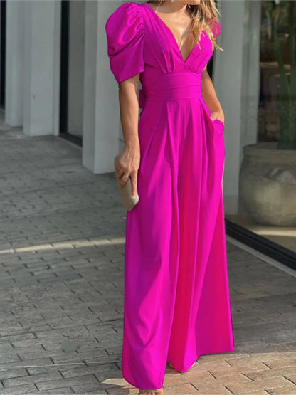 Women's Solid Color Short Sleeved Jumpsuit With V-neck Backless Waisted 2023 Elegant Casual Fashion Women's Wide Leg Jumpsuit