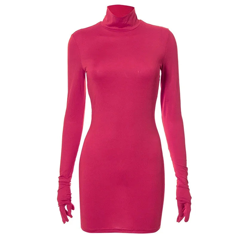 Sexy Women's Bodycon Dresses Long Sleeve Dress Women Mini Dress with Gloves Solid Half Turtleneck Dress Spring Autumn Party Club