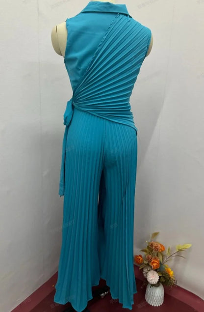 Women's Casual Jumpsuit 2024 Summer Latest Lapel Multi Pleated Solid Wide Leg Bodysuit Sleeveless High Waist Long Pants Romper