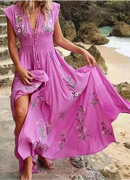 2024 New Summer Women's Deep V-neck Beach Bohemian Print Dress Ladies Sleeveless Sexy High Waist Lace-up Holiday Maxi Dress