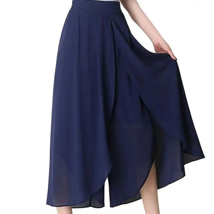 Women Skirt Pants See-through Chiffon Double Layers Split Hem High Elastic Waist Loose Wide Leg Mid-calf Length Cropped Pants