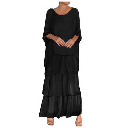 Casual Loose Chiffon Long Cupcake Dress Women's Artistic Style 3/4 Sleeve Round Neck Daily Vacation Maxi Dresses Summer 2024