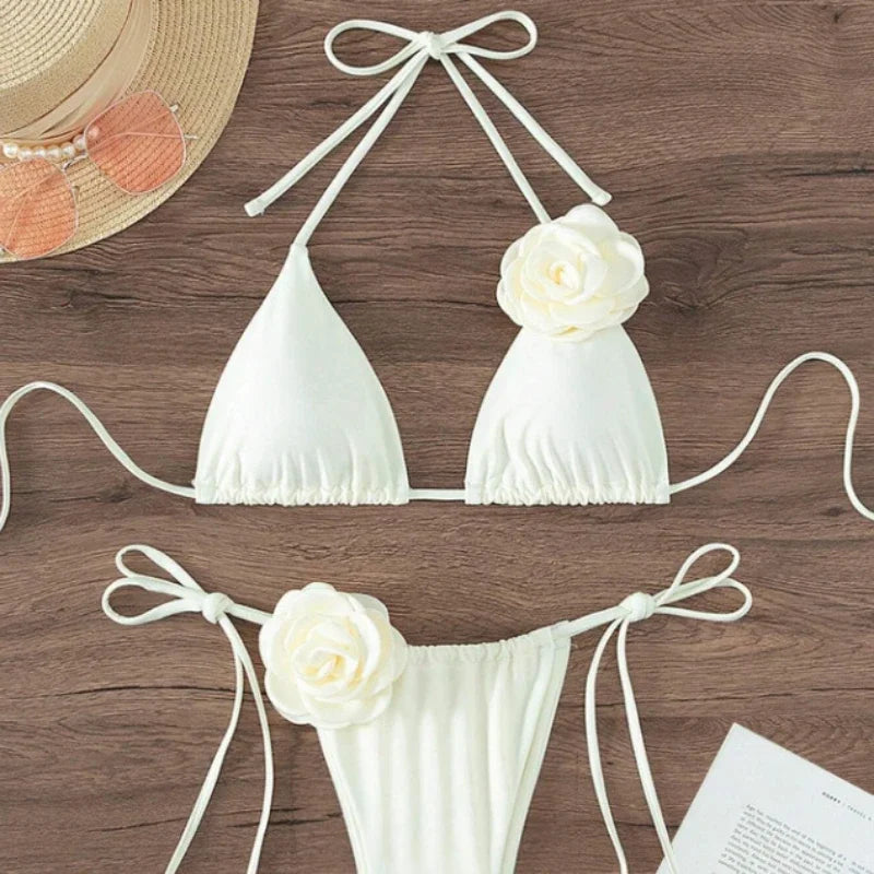 S - L Sexy 3D Flowers Halter Strappy Bikini Women Swimwear Female Swimsuit Two-pieces Bikini Set Bather Bathing Suit Swim