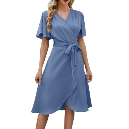 Spaghetti Elegant Ladies Dresses Summer Sale Satin V Neck Slim Waist Dress Bell Sleeve Summer Dresses For Women Plus Size