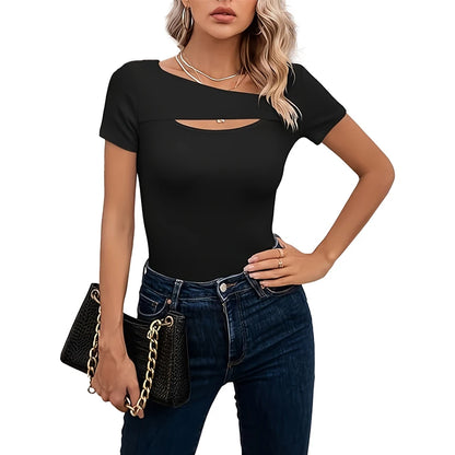 Womens Fashion Summer Clothes One Piece Cutout Tops Long Sleeve Ribbed Slim Fitted Shirts Tee Tshirts