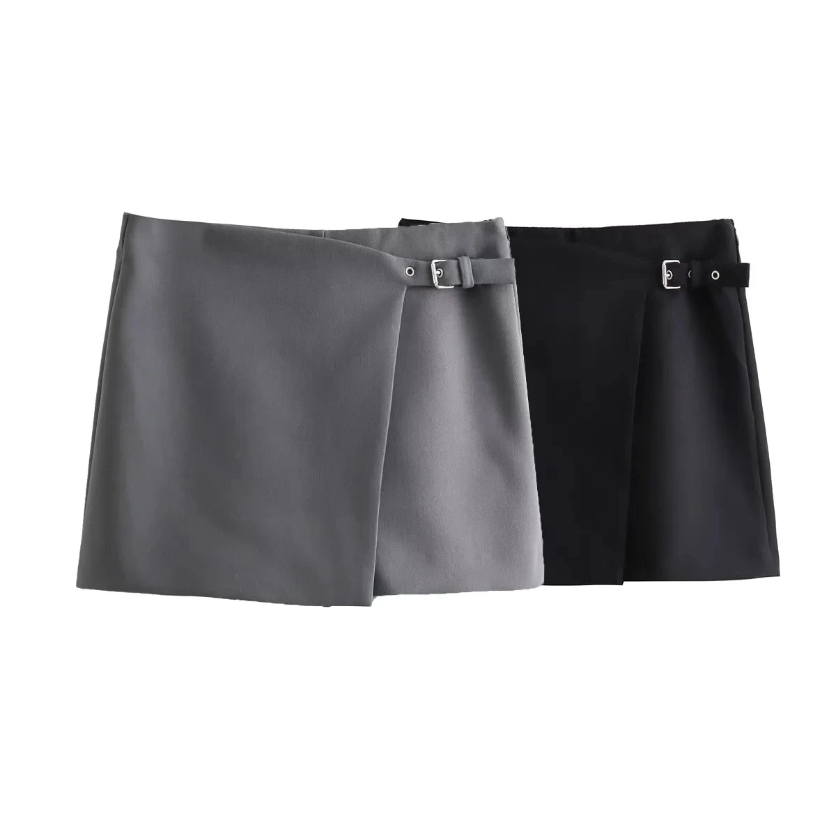 XNWMNZ 2024 Women's Fashion Asymmetric Mini Skirt Shorts Grey Black High Waist Wrap Skorts Female Casual Versatile Short Skirts