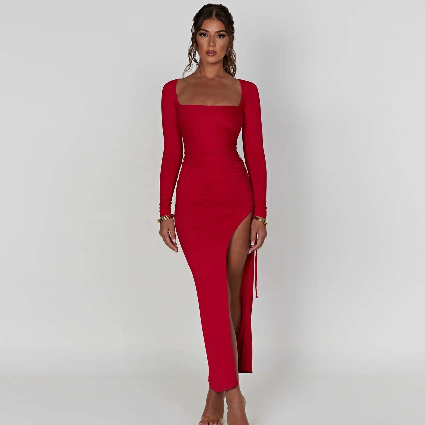 Long Sleeve Ruched High Split Maxi Dress Women Square Collar Drawstring Bodycon Sexy Party Long Dress Elegant Autumn