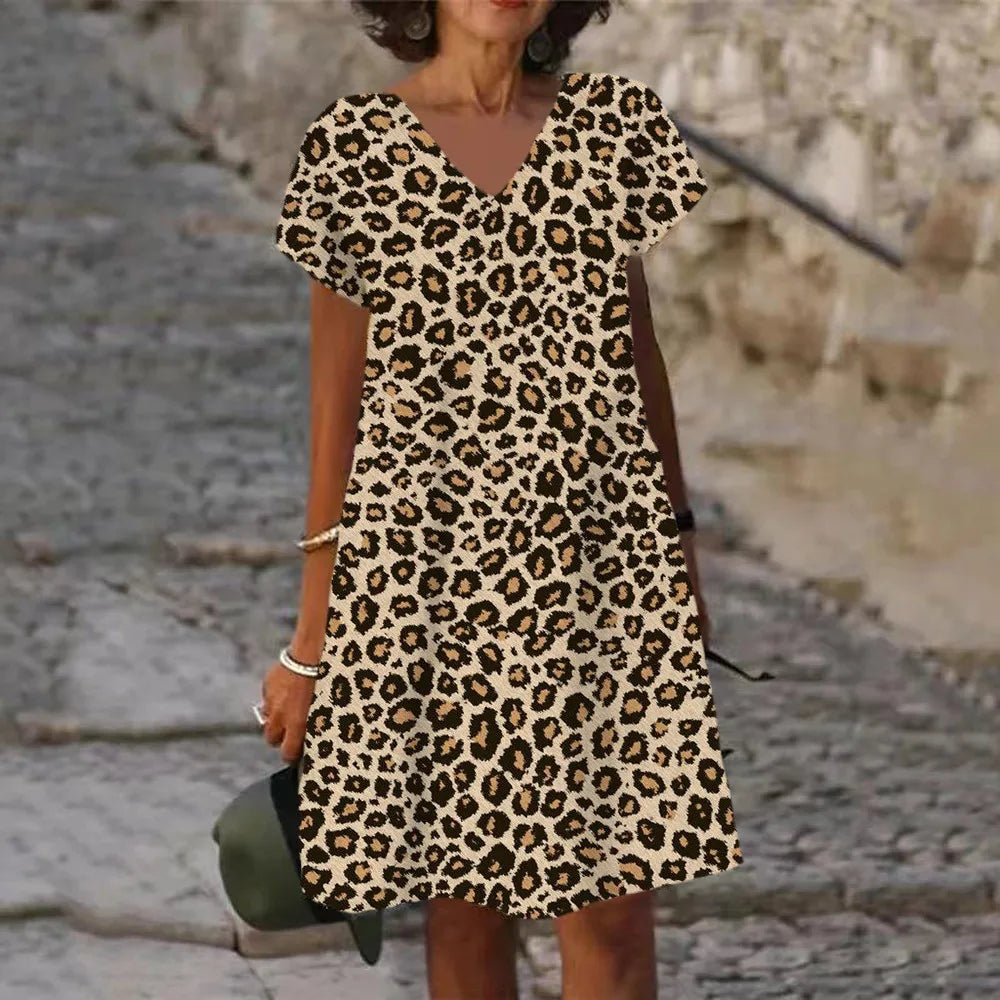 Oversized Summer Women 3D Printed Dress Casual Short Sleeve V-Neck Dress Fashion Elegant Female Sexy Classic Leopard Loose Dress