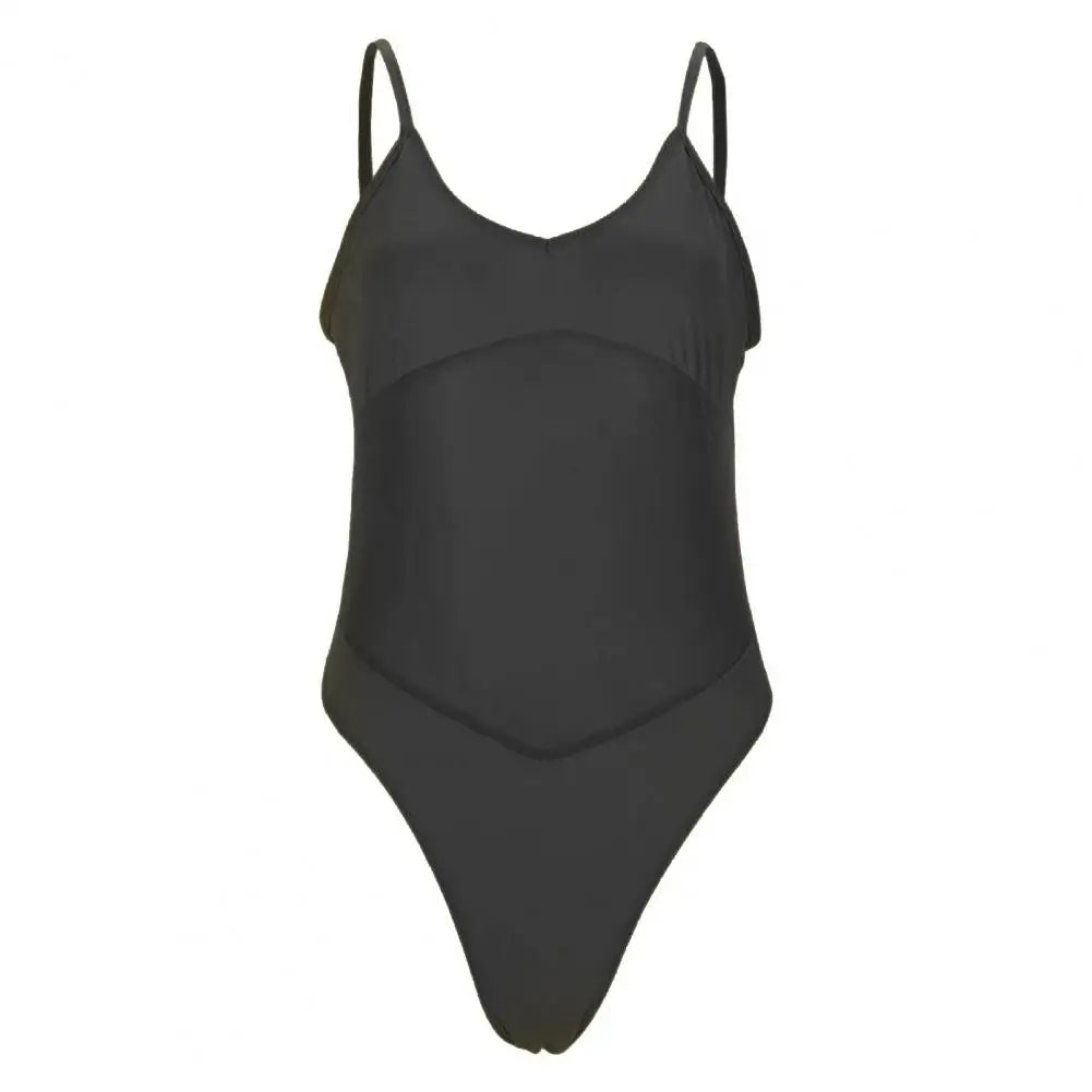 Sexy Women Swimsuit Solid Color Seamless Monokini Sling V-Neck Sleeveless Mesh Splicing One-piece Swimsuit Beach