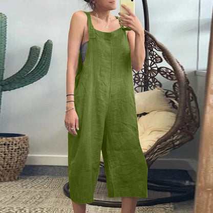 Women's Summer Jumpsuits Linen Overalls Casual Suspender Rompers Solid Wide Leg Pants Ladies Short Pants Buttons With Pocket