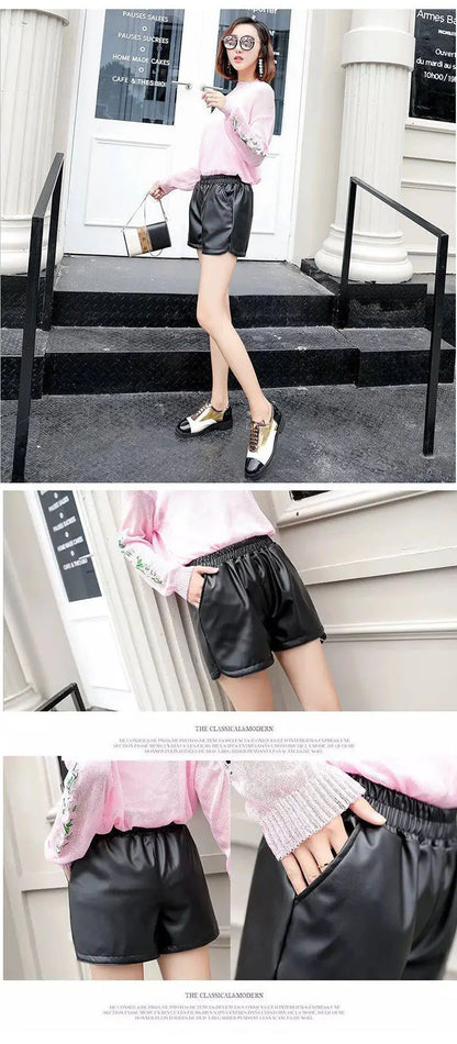 2023 Women Black PU Leather Shorts High Waist Wide Leg Faux Leather Short High Quality Winter Loose PU Shorts 3XL