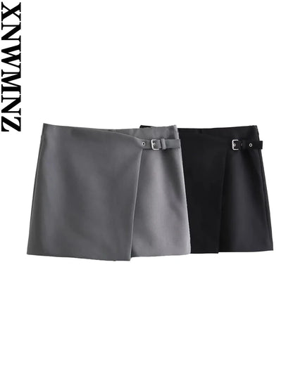 XNWMNZ 2024 Women's Fashion Asymmetric Mini Skirt Shorts Grey Black High Waist Wrap Skorts Female Casual Versatile Short Skirts