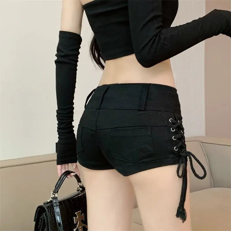 24 New Y2K Retro Nightclub Sexy Low Waisted Wash Bag Buttocks Denim Shorts Black Lace Up Jean Shorts