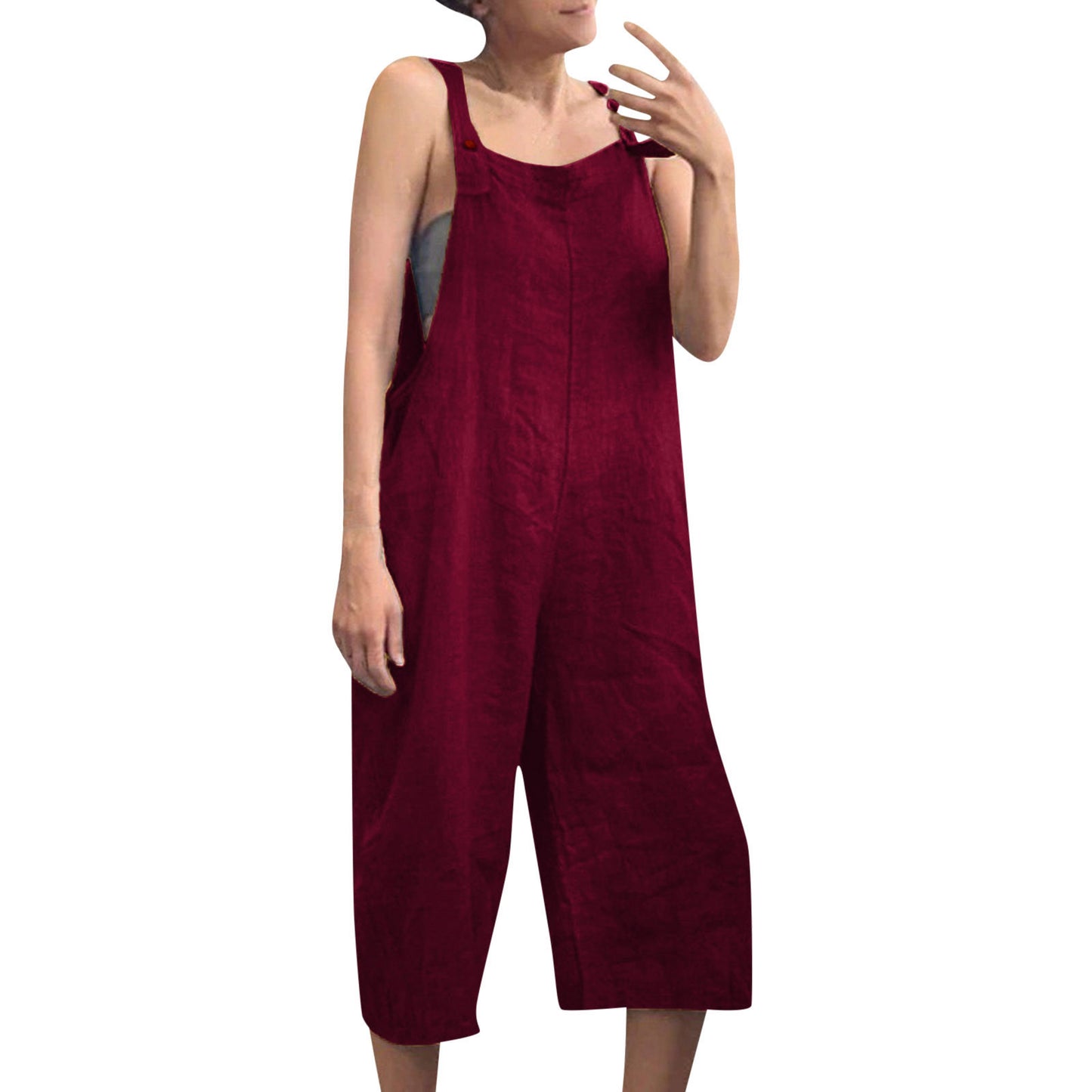 Women's Summer Jumpsuits Linen Overalls Casual Suspender Rompers Solid Wide Leg Pants Ladies Short Pants Buttons With Pocket