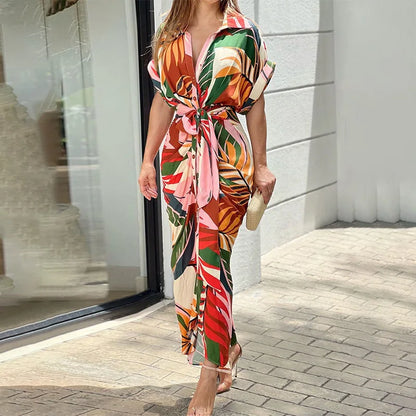 Women's summer new short-sleeved temperament commuter high-waisted printed long dress