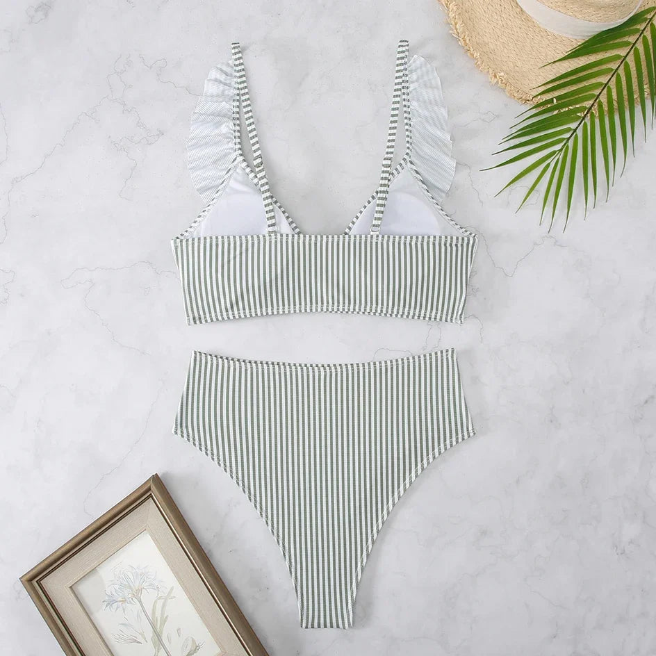 Sexy Striped Ruffle Bikini Swimsuit Women 2024 Two-piece Swimwear High Waisted Bikinis Sets Female Bathing Suit Push Up Monokini