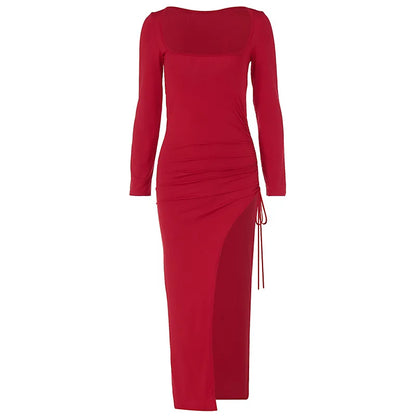 Long Sleeve Ruched High Split Maxi Dress Women Square Collar Drawstring Bodycon Sexy Party Long Dress Elegant Autumn