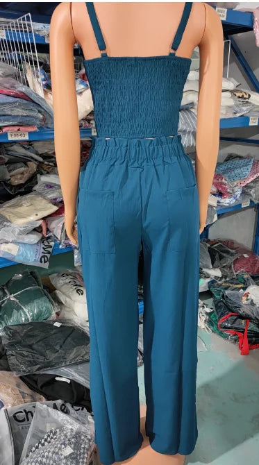 2023 Summer Woman Long Jumpsuits Elegant Sexy V-Neck Shirred Cami Top & High Waist Pants Set New Fashion Casual One Pieces