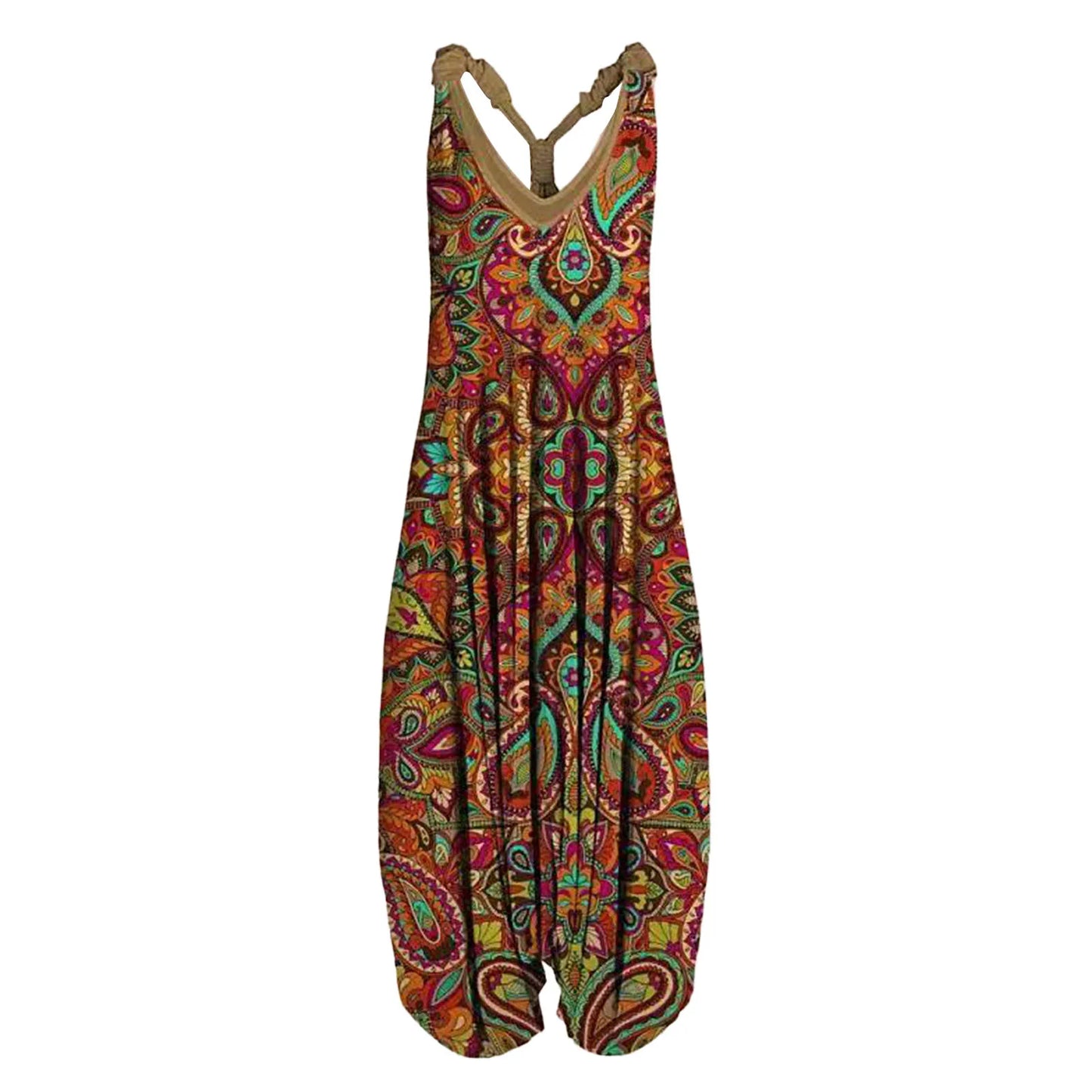 Vintage Ethnic Style S-4XL Women Casual Floral Rompers Loose Boho Casual Jumpsuits Sleeveless Print Strappy Jumpsuit 2022 New