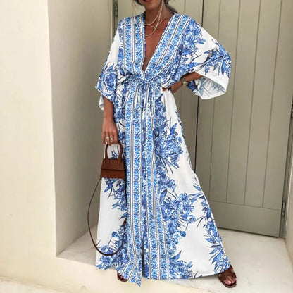 2024 Boho Print Half Sleeve Long Dress Women Fashion Japanese Kimono Lace-Up Robe Summer Sundress Holiday Beach Dress Vestidos