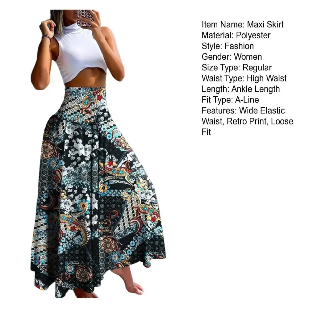 Women Maxi Skirt High Waist Wide Elastic Waist A-Line Retro Printed Skirt Summer Loose Fit Long Skirt Streetwear Платье Maxi