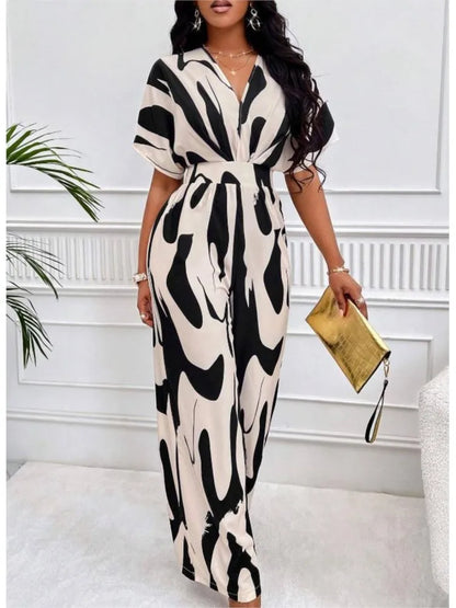 Sexy sleeveless women's V-neck jumpsuit, elegant suit with tight fitting print, one-piece, suitable for spring/summer 2024