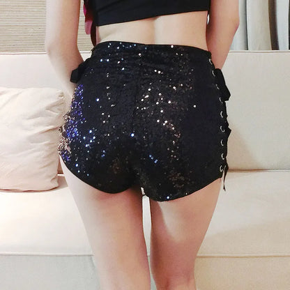 High Waist Sexy Sequined Bandage Shorts Dj Pole Dance Micro Shorts For Women