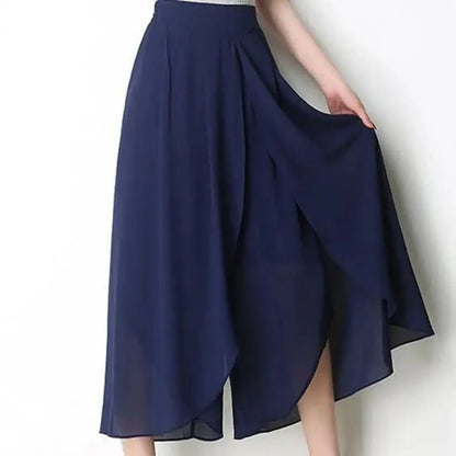 Women Skirt Pants See-through Chiffon Double Layers Split Hem High Elastic Waist Loose Wide Leg Mid-calf Length Cropped Pants