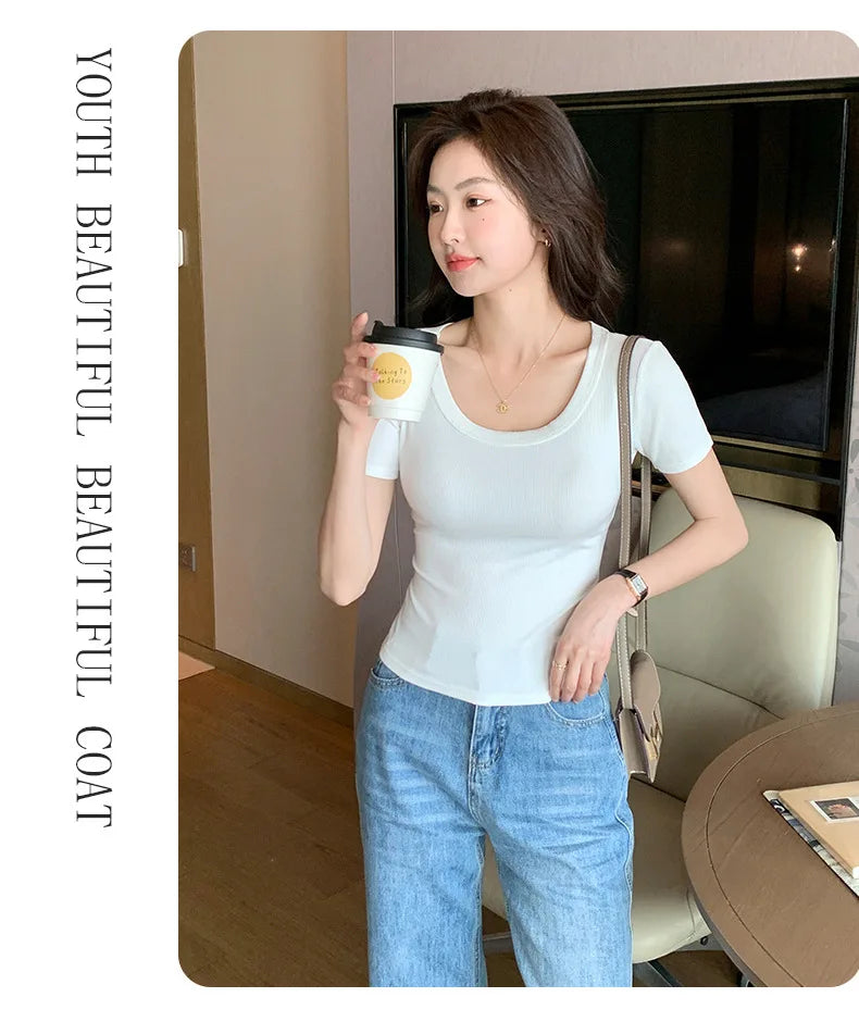 O Neck Knit White Crop Top Women Summer Casual T Shirt Basic Sexy Streetwear Ribber Black Short Sleeve Tops