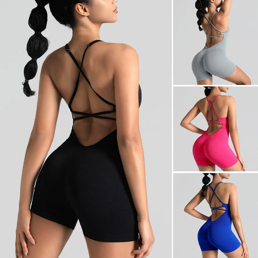 Women Bodysuits Hip Lift One Pcs Short Sport Yoga Rompers Sexy Backless Lace Bandage Skinny Sporty Wear Playsuits XHFZ-BX001