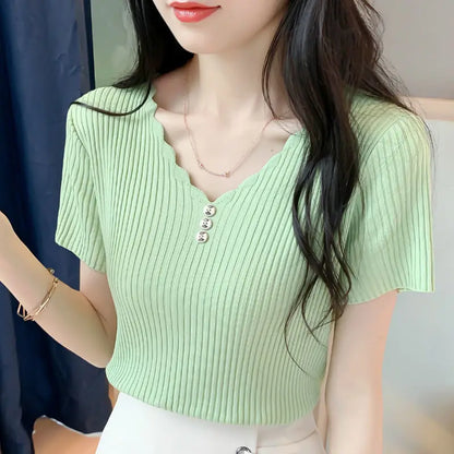 Korean Fashion Temperament Simple Summer Thin Ice Silk Short Sleeve T-shirt Women's Solid V-neck Patchwork Button Loose Knit Top