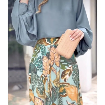 2024 Summer New Women's Clothing Set Lantern Sleeves Loose Top Printed Wide Leg Pants Two Piece Set Casual Ladies Trouser Outfit