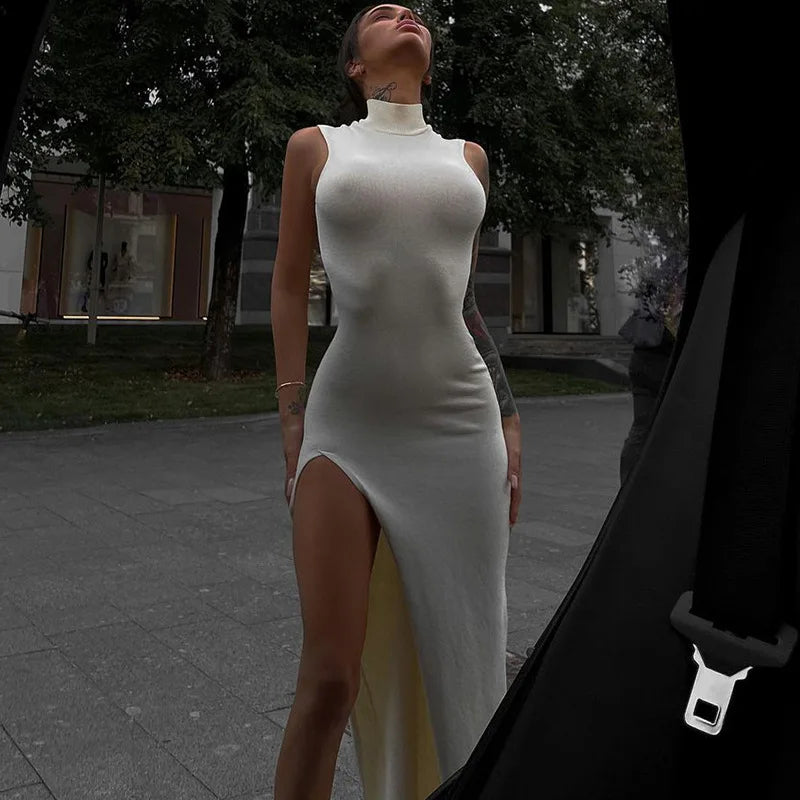 2024 new y2k Europe and the United States cross-border fashion round neck sleeveless slim-fit slit MIDI dress women