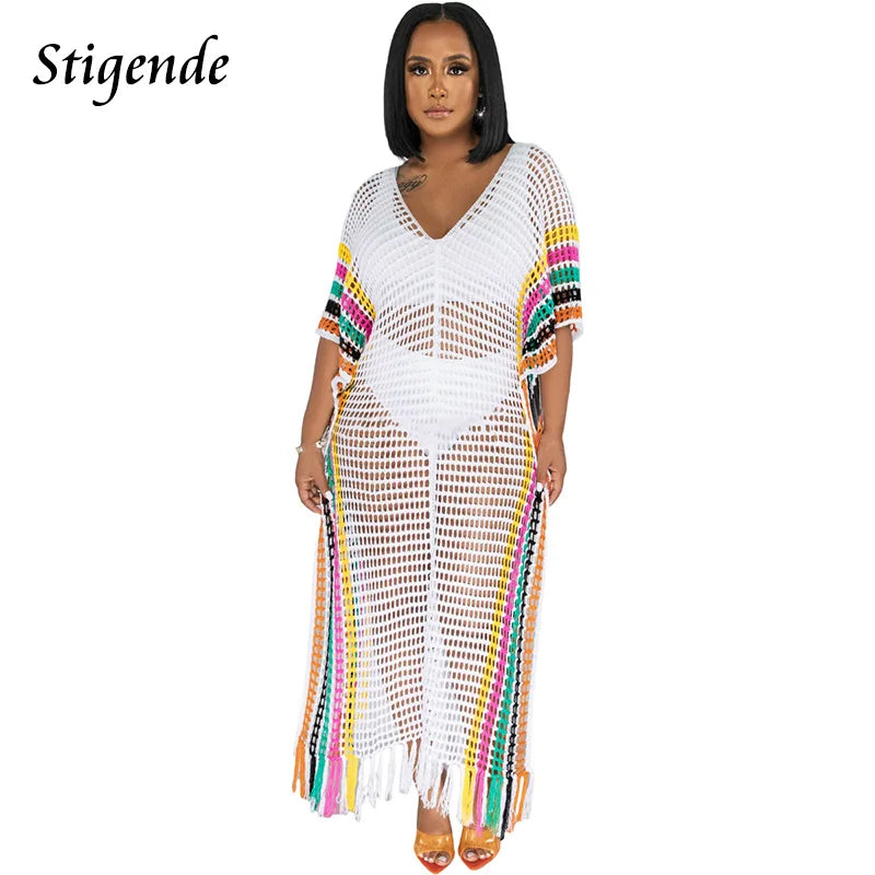 Sexy Side Split Hollow Out Tassels Dress Women Summer Knit Cover Up Swimwear Fashion Multi Color Patchwork Crochet Beach Dress