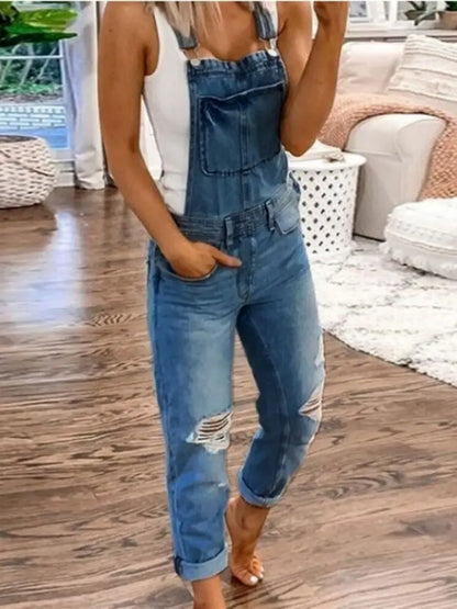 Hot Sale Suspenders Denim Jumpsuit For Women Fashion Ripped Jeans Jumpsuit Casual Female Clothing S-3XL Drop Shipping