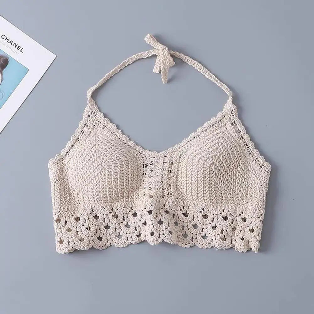 Bohemian Knit Halter Back Embroidery Camisole Women Sleeveless Camis Summer Casual S Knitted T-shirt Vest Top U-ne W8s6