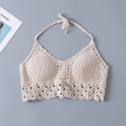 Bohemian Knit Halter Back Embroidery Camisole Women Sleeveless Camis Summer Casual S Knitted T-shirt Vest Top U-ne W8s6