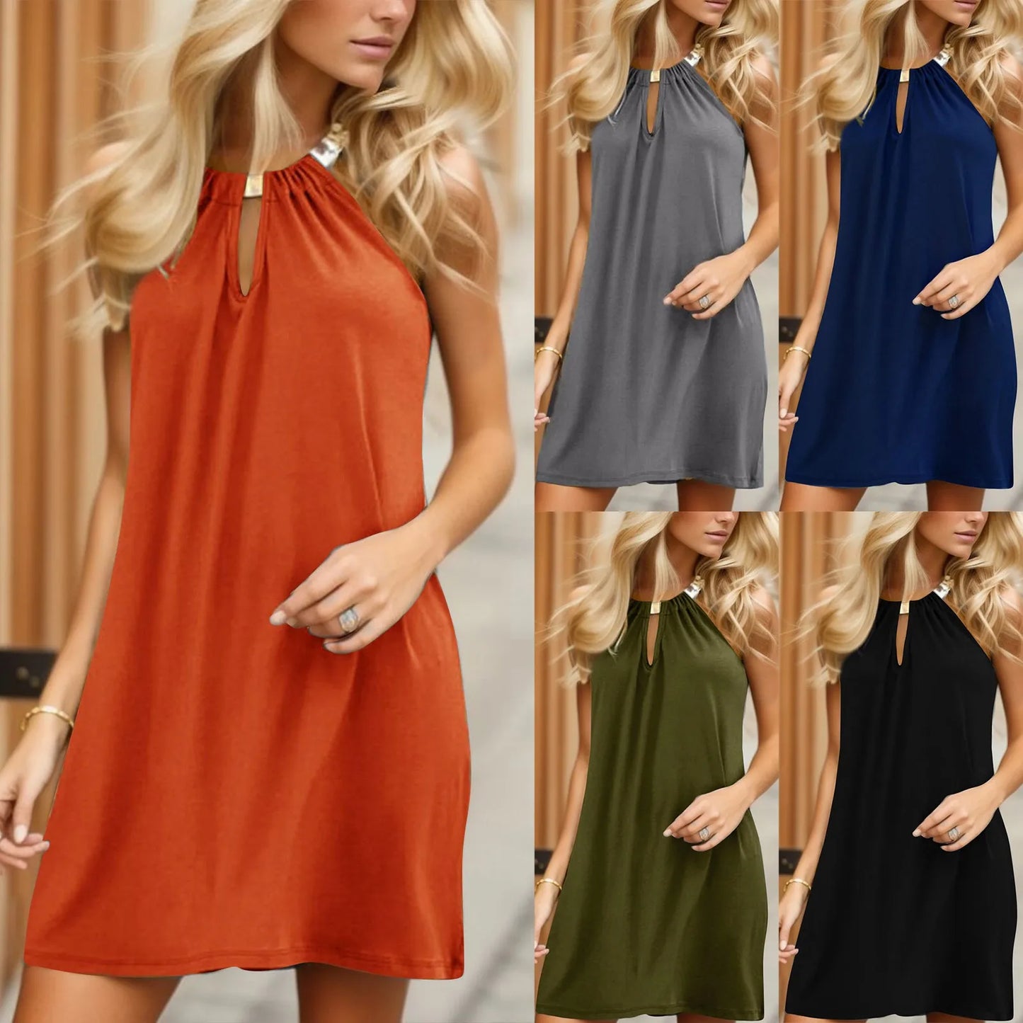 Women's Casual Dresses Summer Fashion Solid Color Chain Halterneck Loose A-Line Sleeveless Mini Dresses Retro Party Dress