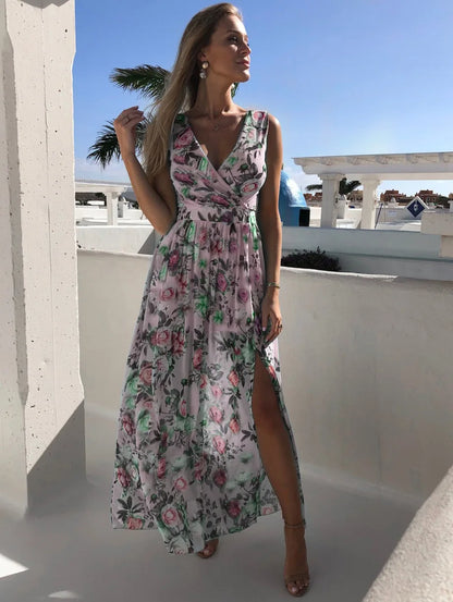 Elegant Boho Flowe Print Split Beach Maxi Dress For Women Sexy V Neck Spaghetti Strap Long Dress Fashion Backless Party Dresses