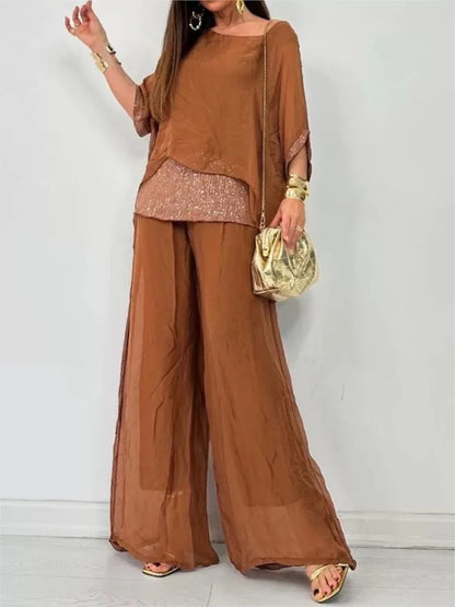 Fashion Sequin Splic Chiffon 2 Piece Sets Women Outfit 2024 Loose Bat Sleeve Shiny Top Wide Leg Trousers Vacation Casual Set