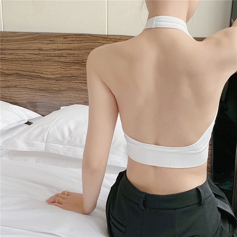 Women Backless Vest Sexy Bra Halter Wire Free Sport Bra Suspender Solid Lingerie Female Tops Beautiful Back Wire Free Sports Bra