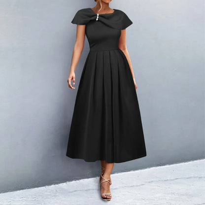 Elegant Dress Asymmetrical Shoulder Strap Slim High Waist Pleated Solid Color Women's Dress 2024 Spring New Fashion Dresses