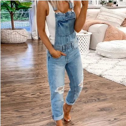 Hot Sale Suspenders Denim Jumpsuit For Women Fashion Ripped Jeans Jumpsuit Casual Female Clothing S-3XL Drop Shipping