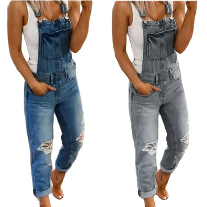 Hot Sale Suspenders Denim Jumpsuit For Women Fashion Ripped Jeans Jumpsuit Casual Female Clothing S-3XL Drop Shipping