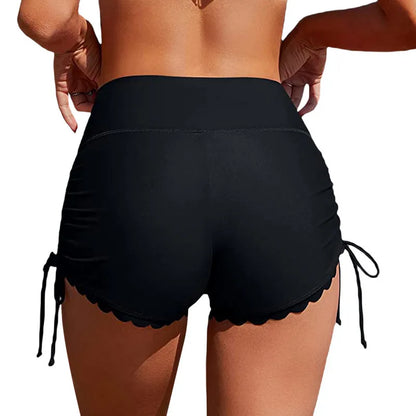 Women Swim Shorts, High Waist Drawstring Wavy Hem Solid Summer Bathing Surfing Bottoms