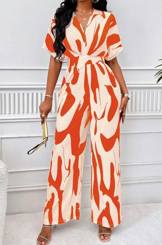 Sexy sleeveless women's V-neck jumpsuit, elegant suit with tight fitting print, one-piece, suitable for spring/summer 2024