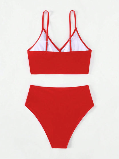 Sexy Cross  Bikini Set Deep V-neck Plain Swimming Suit  Fashion Cross High Waist Pants Sexy Bikini Suit