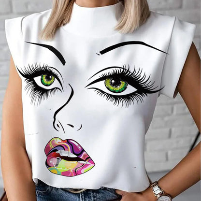 Fashion Women Elegant Lips Print Tops and Blouse Shirts 2024 Summer Ladies Office Casual Stand Neck Pullovers Eye Blusa Tops