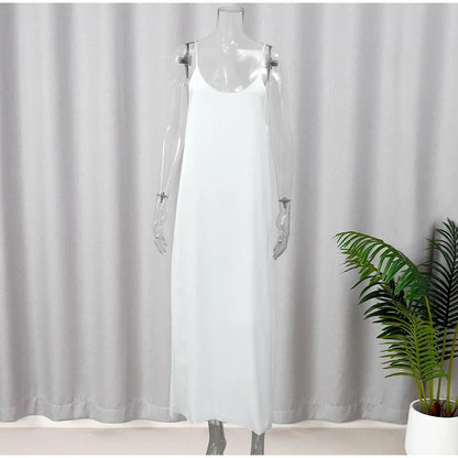 Elegant White V-neck Slit Maxi Dress For Women Fashion Backless Sleeveless Sling Dresses 2024 Summer Female Beach Vacation Robes